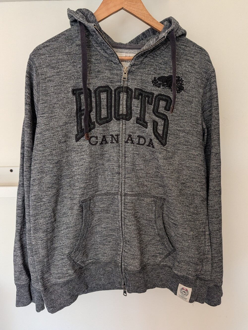 Roots Canada Full Zip Hoodie Women's L Gray Black Marled Medium Weight Cozy